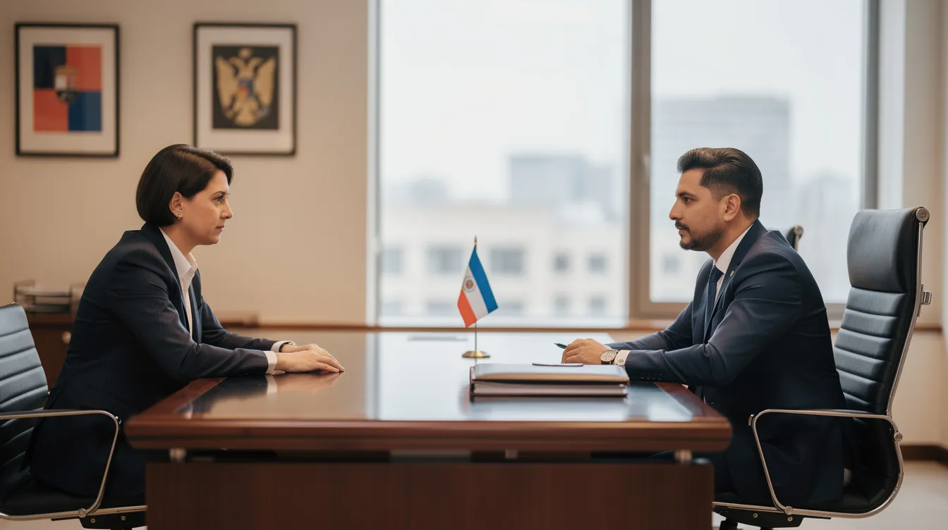 The image depicts a professional interview setting in an embassy, where an applicant is seated across from an officer at a desk, engaged in a discussion about the visa programme for Irish nationals. The atmosphere is formal, highlighting the importance of the meeting for those seeking to work in the US and navigate the complexities of immigration legislation.