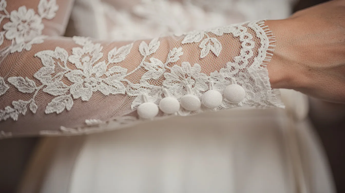 A close-up image of a bride's arm adorned with delicate lace sleeves featuring small buttons at the wrist, showcasing an elegant touch to her wedding attire. The intricate lace adds a romantic detail to her overall look, perfect for a celebration.