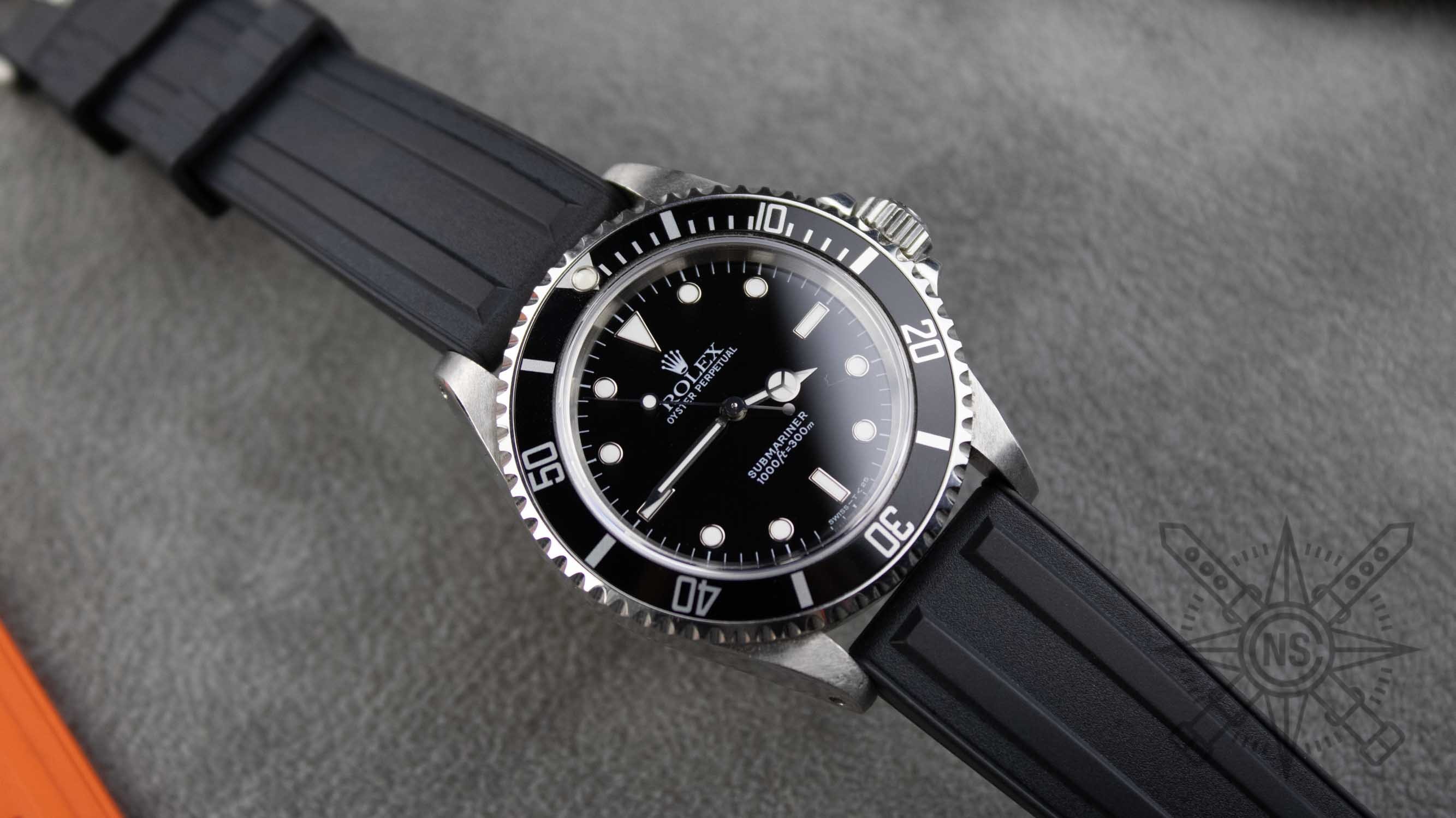 An instructional image showing the steps to replace a rubber strap on a Rolex watch.