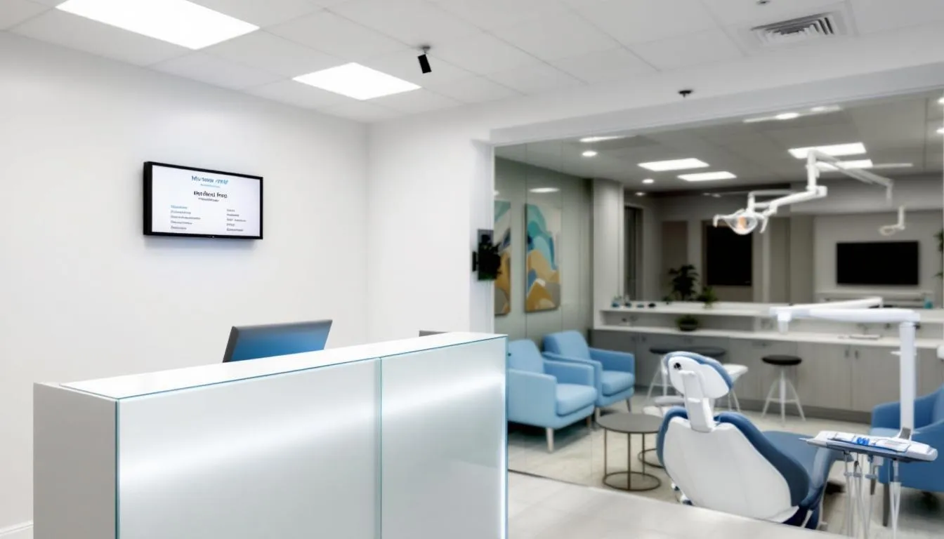 The image depicts a modern dentist office, featuring a clean and organized reception area with comfortable seating, a front desk, and dental chairs in a treatment room. This professional space is designed to provide quality care for patients while also serving as a potential operating business for small business owners considering passive income through self rental activities.