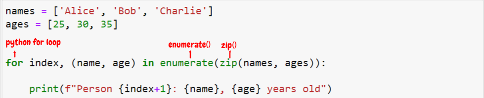 Using enumerate()  in combination with zip() to iterate over two or more sequences