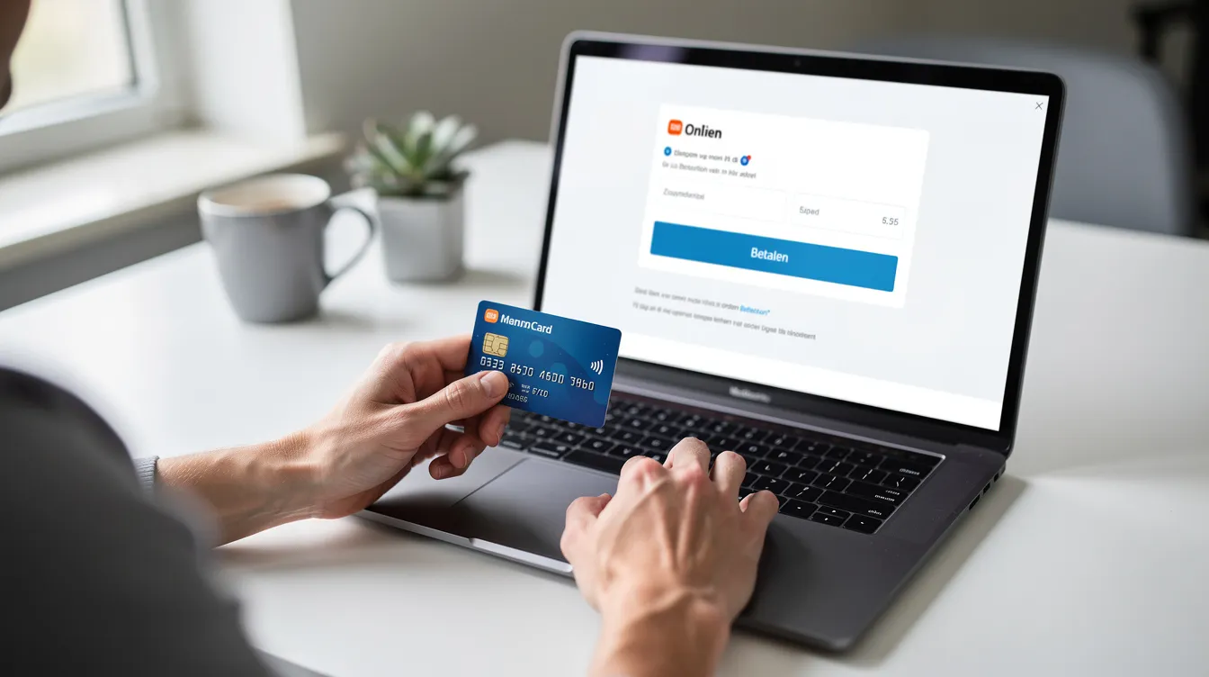 Een persoon zit achter een laptop en maakt een online betaling met een betaalpas. De afbeelding toont het gebruik van een digitale portemonnee, waarbij de gebruiker veilig geld overmaakt voor een aankoop via een webwinkel.