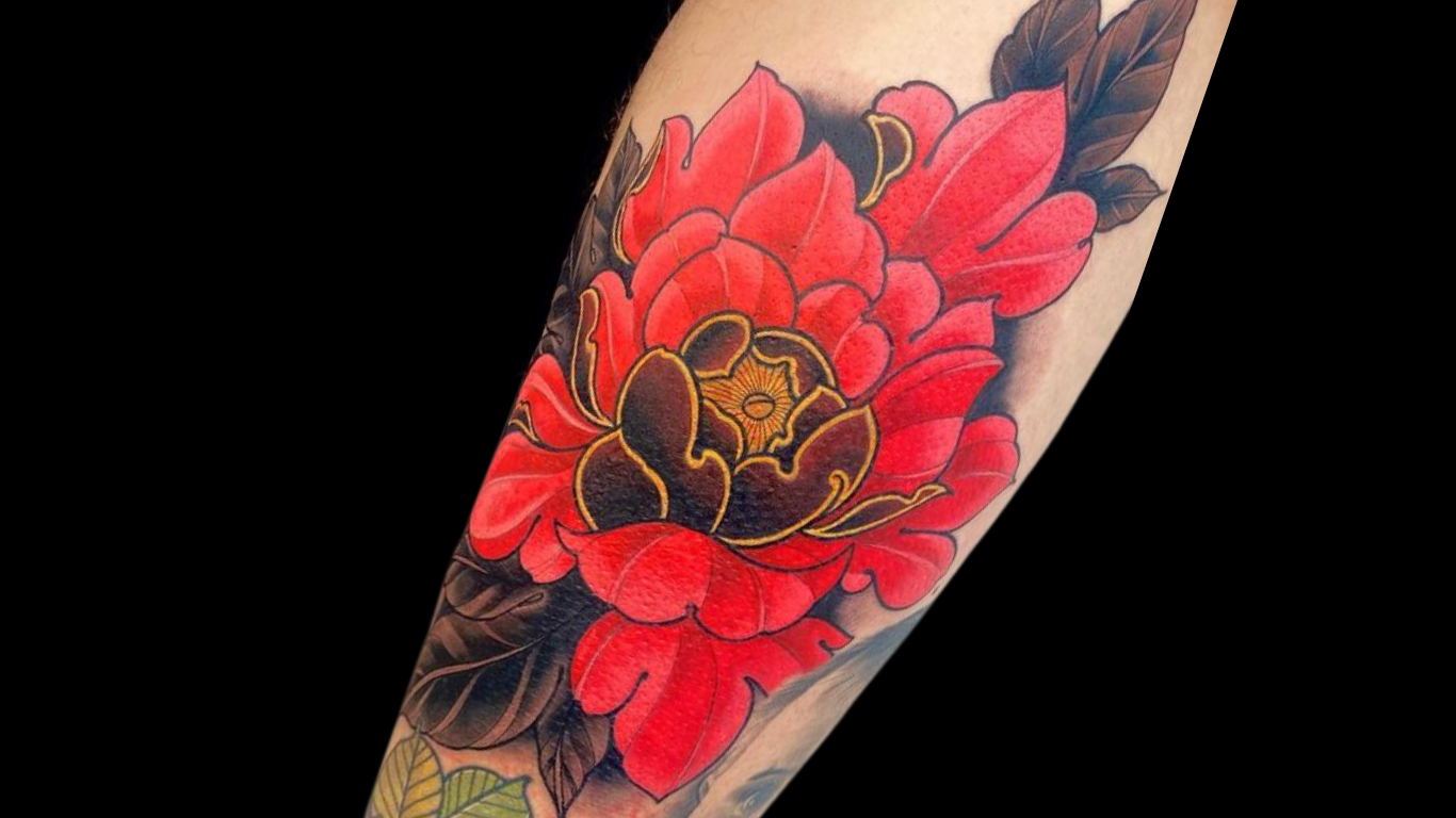 Neo-traditional peony tattoo by Mike Stockings.