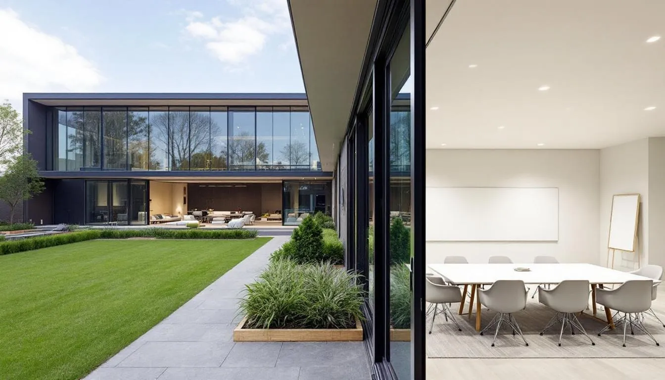 The image depicts a modern conference venue featuring both indoor meeting facilities and an outdoor team activity space, ideal for team building and strengthening relationships among colleagues. This setting provides a perfect opportunity for exciting away day ideas that enhance communication and collaboration within teams.