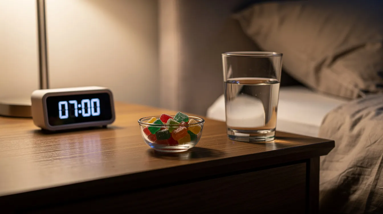 The image features a nightstand in a serene bedroom, showcasing a small bowl of sugar-free mushroom gummies alongside an alarm clock and a glass of water, suggesting a calming evening routine for improved sleep quality. The presence of functional mushrooms like reishi and lion's mane hints at their potential benefits for restful sleep and stress relief.