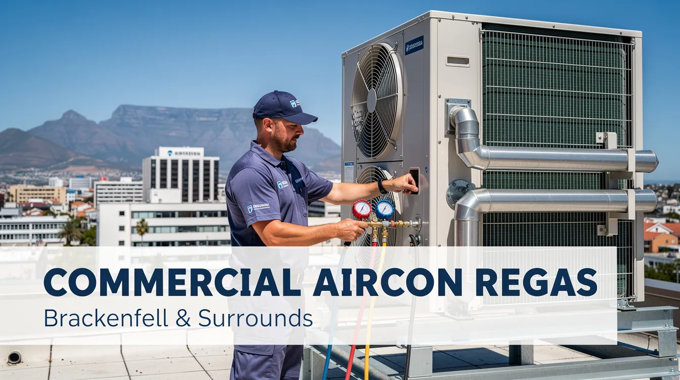 The image shows a technician performing aircon regas services on a car in Brackenfell, focusing on the air conditioning system's compressor and refrigerant levels to ensure optimal cool air output. Tools are visible, indicating a professional maintenance setup for car aircon repairs.
