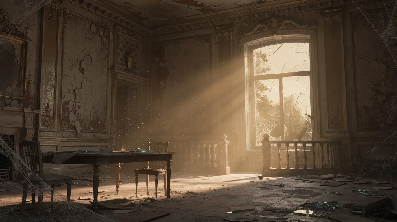 Das Bild zeigt das verfallene Interieur eines einst prunkvollen Gebäudes, in dem staubige Oberflächen und zerbrochene Fenster zu sehen sind. Goldenes Licht fällt durch das Fenster und erzeugt eine melancholische Atmosphäre, die an die düstere Zukunft aus Ridley Scotts "Blade Runner" erinnert.
