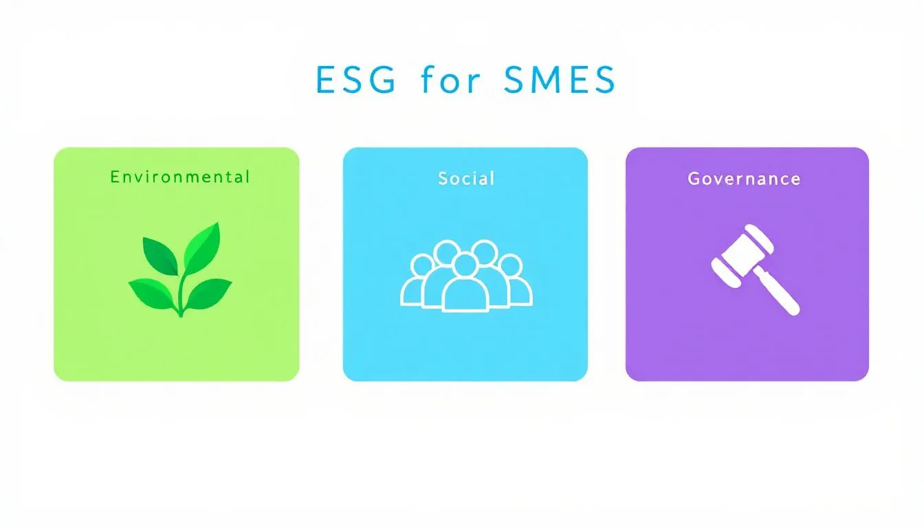 The image illustrates a graphic representation of ESG (Environmental, Social, and Governance) strategies specifically tailored for medium-sized enterprises (SMEs). It highlights key elements such as sustainable practices, climate-related risks, and the importance of corporate sustainability reporting to enhance business operations and achieve long-term sustainability.