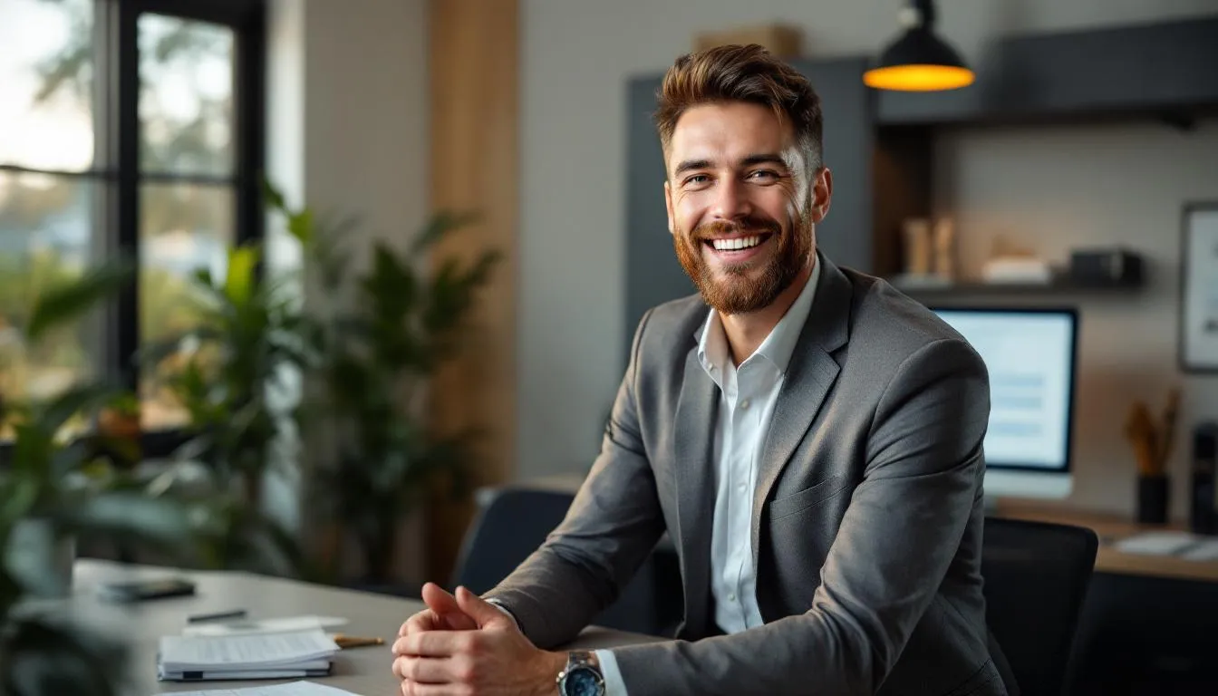 A small business owner stands with a bright smile, exuding confidence and satisfaction after successfully securing an SBA loan, symbolizing the potential for growth and stability for their business. The image captures the essence of achievement in navigating the loan application process and meeting the eligibility requirements for SBA-backed financing.