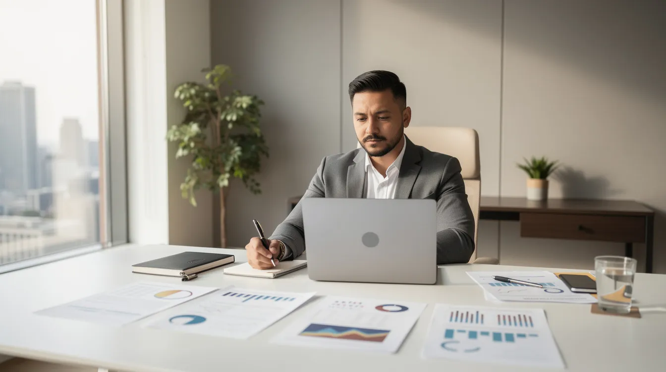 An entrepreneur is seated at a desk, focused on their laptop while surrounded by various business documents, illustrating the process of developing a successful business model and considering options for business franchising. The scene captures the essence of a business owner strategizing for growth and potential franchisees.