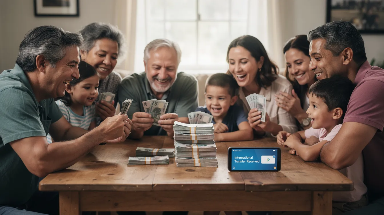 A joyful family is gathered around a table, happily counting cash that they received from abroad, symbolizing the benefits of using services like Ace Money Transfer. The scene captures the warmth of family togetherness and the excitement of financial rewards from international money transfers.