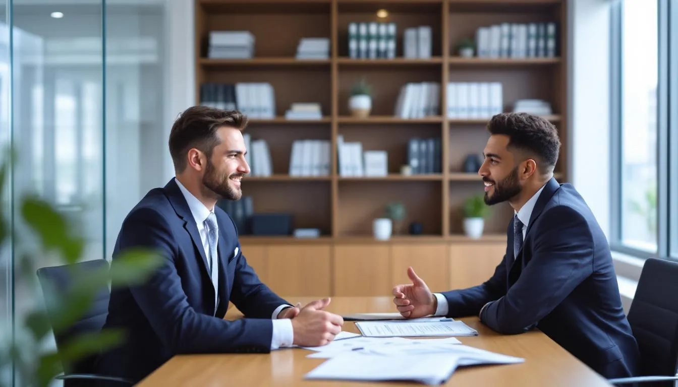 A person is sitting across from a financial advisor in an office, discussing important topics related to retirement benefits and eligibility requirements for the public employees retirement system. The advisor is providing helpful resources to assist with planning for a secure financial future.