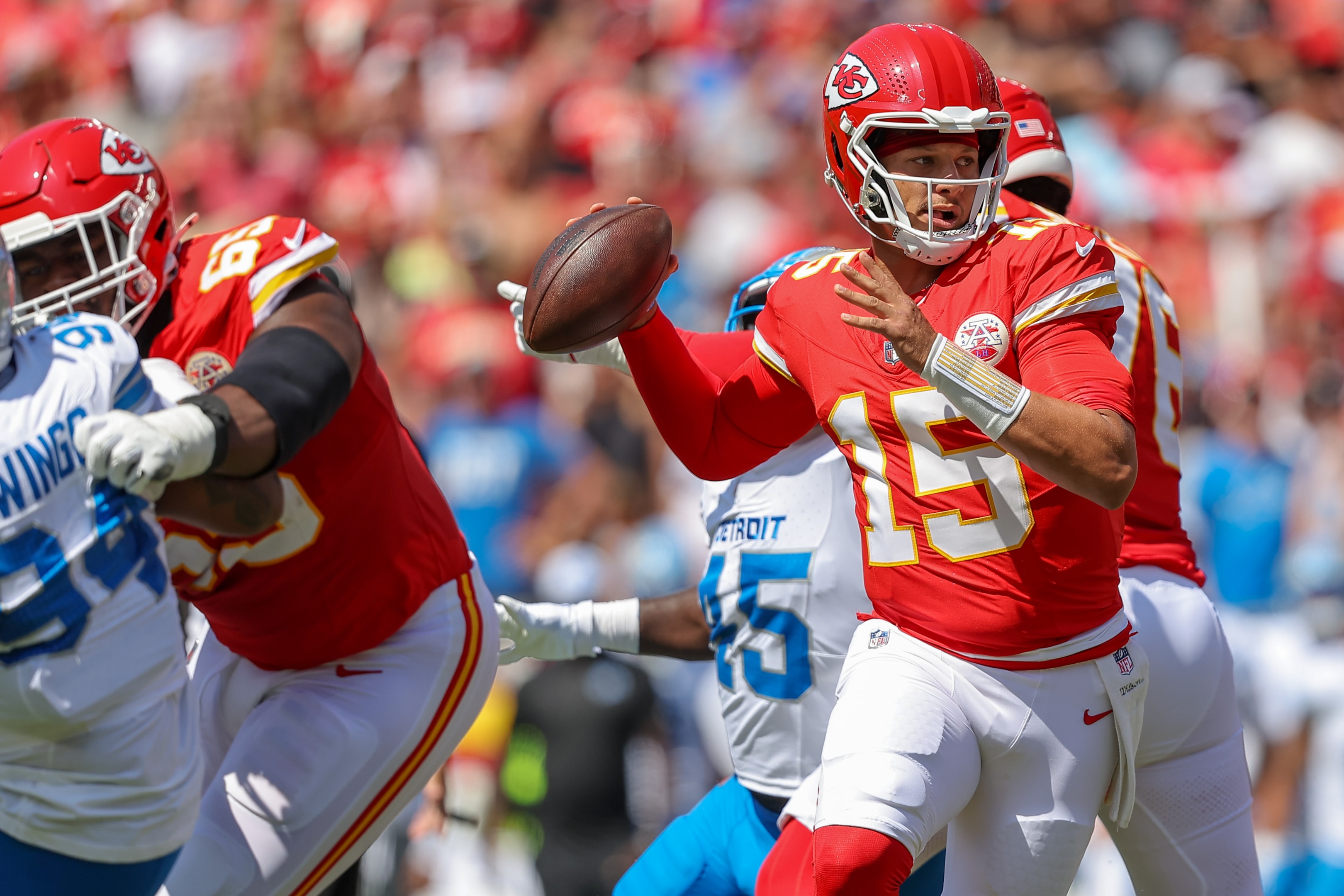 Patrick Mahomes of the Kansas City Chiefs throws a pass during preseason game action against the Detroit Lions at Arrowhead Stadium in Kansas City, Missouri.