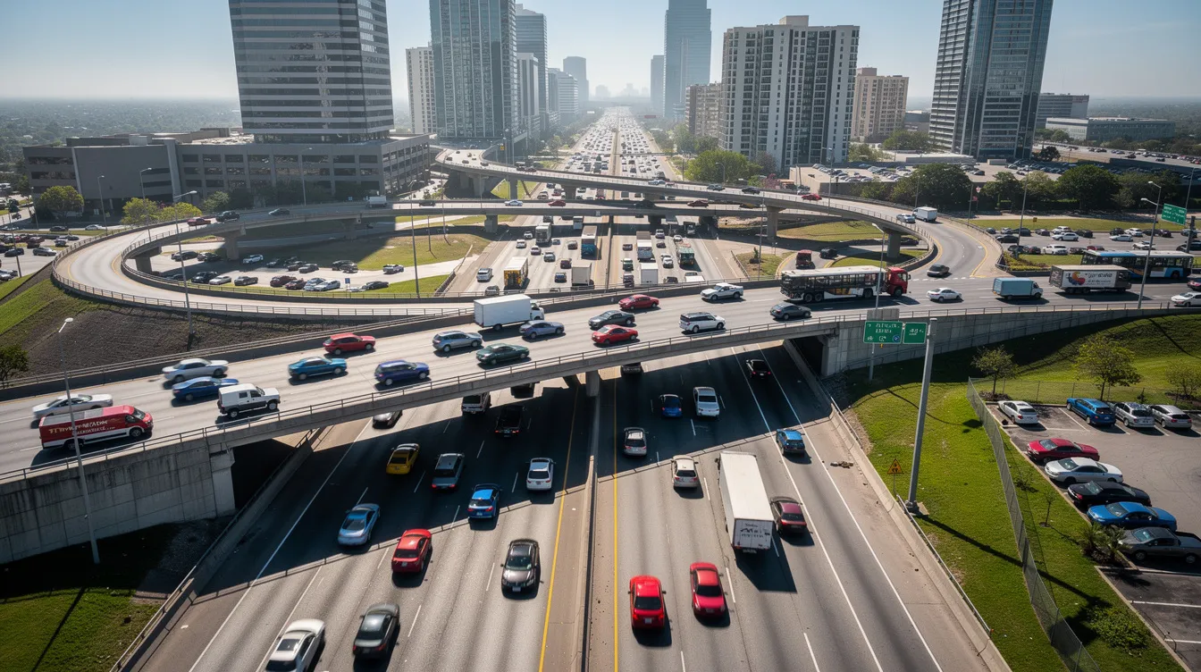 The image depicts a busy highway interchange in a major metropolitan area, filled with various vehicles traveling under clear blue skies. This scene reflects the dynamic nature of urban transport, essential for services like expedited car shipping and auto transport in the bustling auto transport industry.