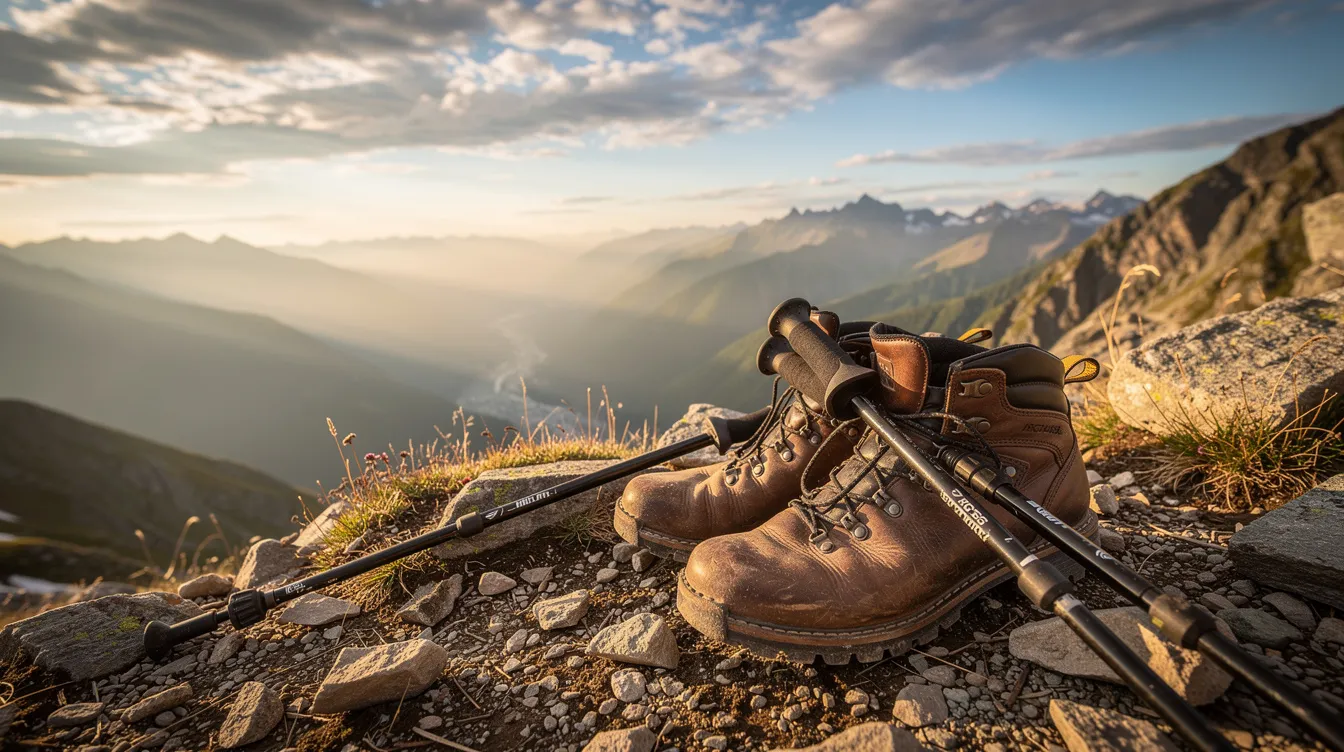 A pair of sturdy hiking boots and trekking poles rest on rocky terrain, overlooking a stunning valley view in the High Atlas Mountains of Morocco. This scene captures the essence of trekking in Morocco, showcasing the rugged beauty of the mountain ranges and inviting adventurers to explore the hiking trails.