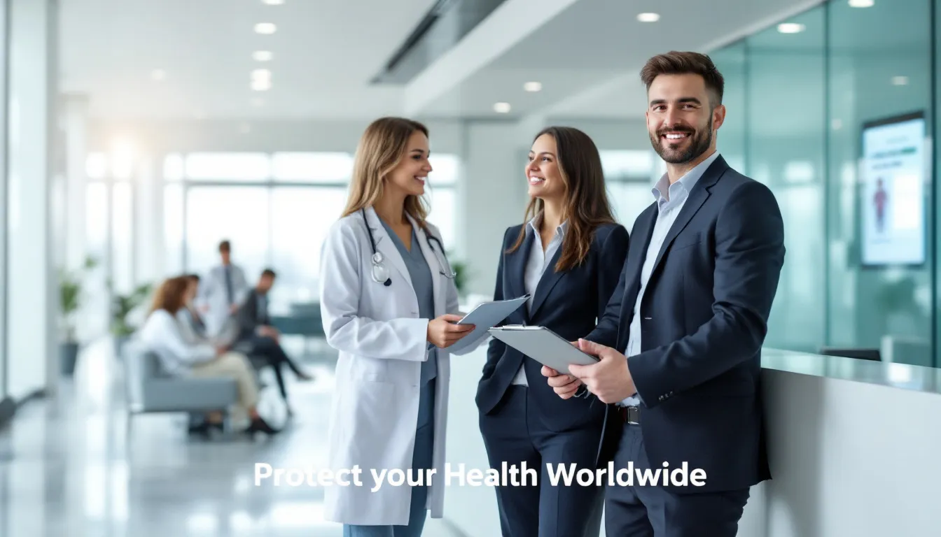 An expat couple stands at a modern hospital reception desk abroad, warmly greeted by a friendly doctor, symbolizing the importance of healthcare services for international travelers. The overlay text reads, "Healthcare Abroad – Protect Your Health Worldwide," emphasizing the need for medical care and insurance coverage while overseas.