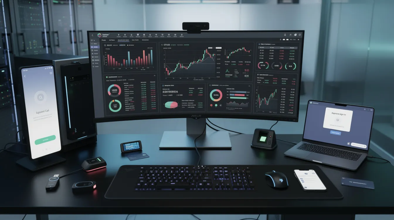 The image depicts a secure financial technology workstation equipped with multiple dashboards displaying real-time data and authentication devices for access control. This setup is essential for forex brokers and offshore brokerage businesses to manage their operations effectively in the foreign exchange market.