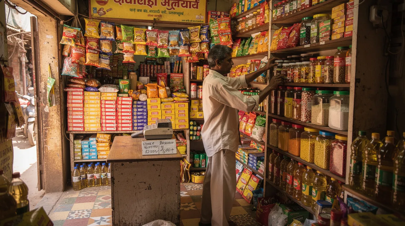 92214be1 3173 48f2 b543 75a13385fe2b An Indian shop owner is seen arranging a variety of colorful products on shelves in a vibrant store, showcasing the essence of small enterprises in the Indian market. This scene highlights the entrepreneurial spirit and the growing demand for retail businesses, emphasizing the importance of effective inventory management for successful business operations.