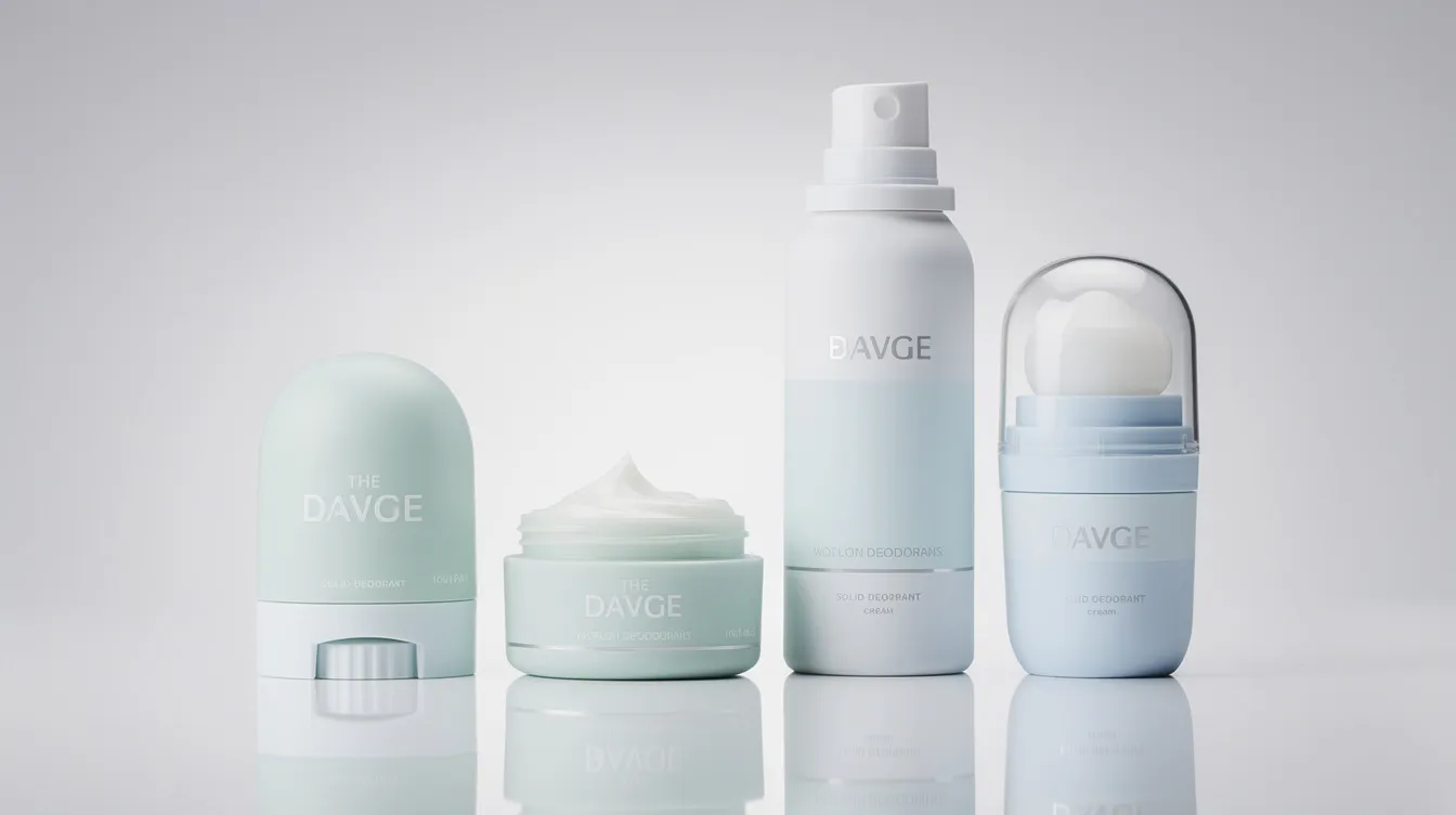 The image features a lineup of various deodorant formats, including a solid stick, a cream jar, a spray bottle, and a roll-on, showcasing options suitable for sensitive skin. These deodorants are designed to provide odor protection while being free from harsh chemicals and aluminum compounds, making them ideal for those looking for natural and gentle solutions to control body odor.