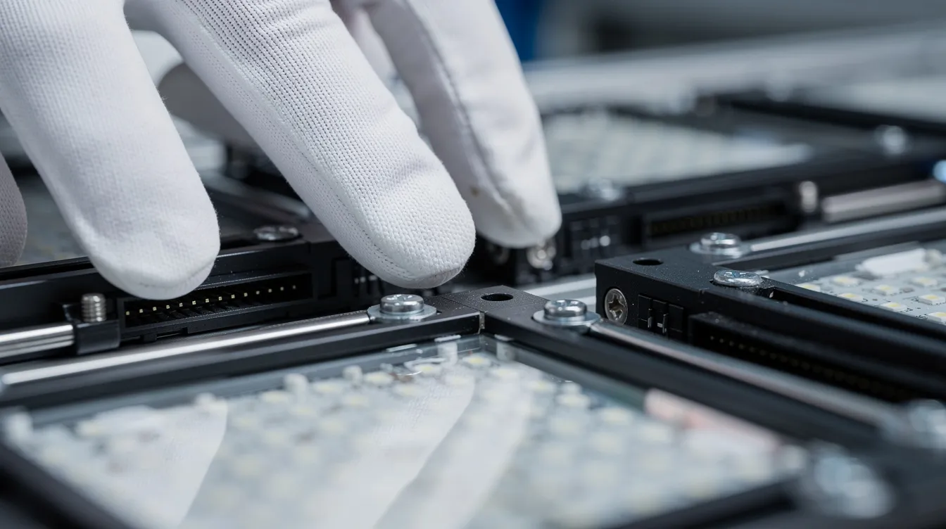 A technician in gloves is carefully aligning and connecting LED panel modules, showcasing the intricate work involved in creating an impressive LED video wall. This close-up image highlights the precision required for seamless integration in various events, from corporate gatherings to outdoor concerts.
