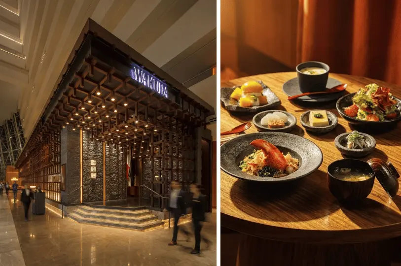 A split view showing the grand, intricate wooden lattice entrance of Wakuda restaurant on the left, and a beautifully arranged table of gourmet Japanese dishes including lobster and miso soup on the right.