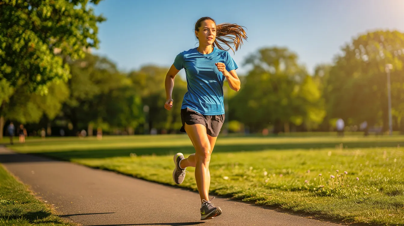 Eine Person trainiert im Freien bei strahlendem Sonnenschein, um ihre Fitness zu verbessern und beim Abnehmen zu helfen. Der Fokus liegt auf Bewegung und Motivation, während sie die frische Luft und das schöne Wetter genießt.