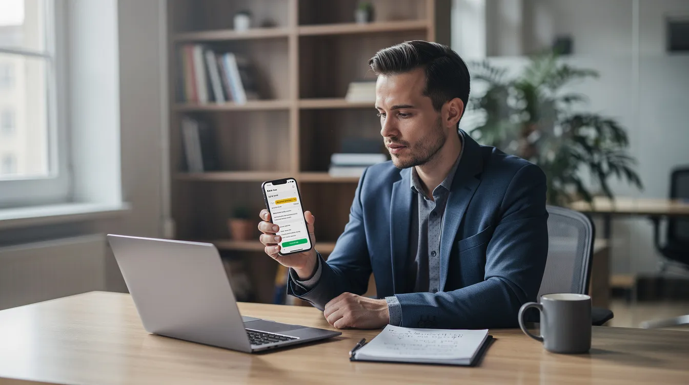 A business owner is intently checking emails on their mobile device, likely reviewing important messages related to their email marketing campaign. The image captures the focus and engagement of the owner as they manage their communication, which is crucial for maintaining a good spam score and effective user engagement.