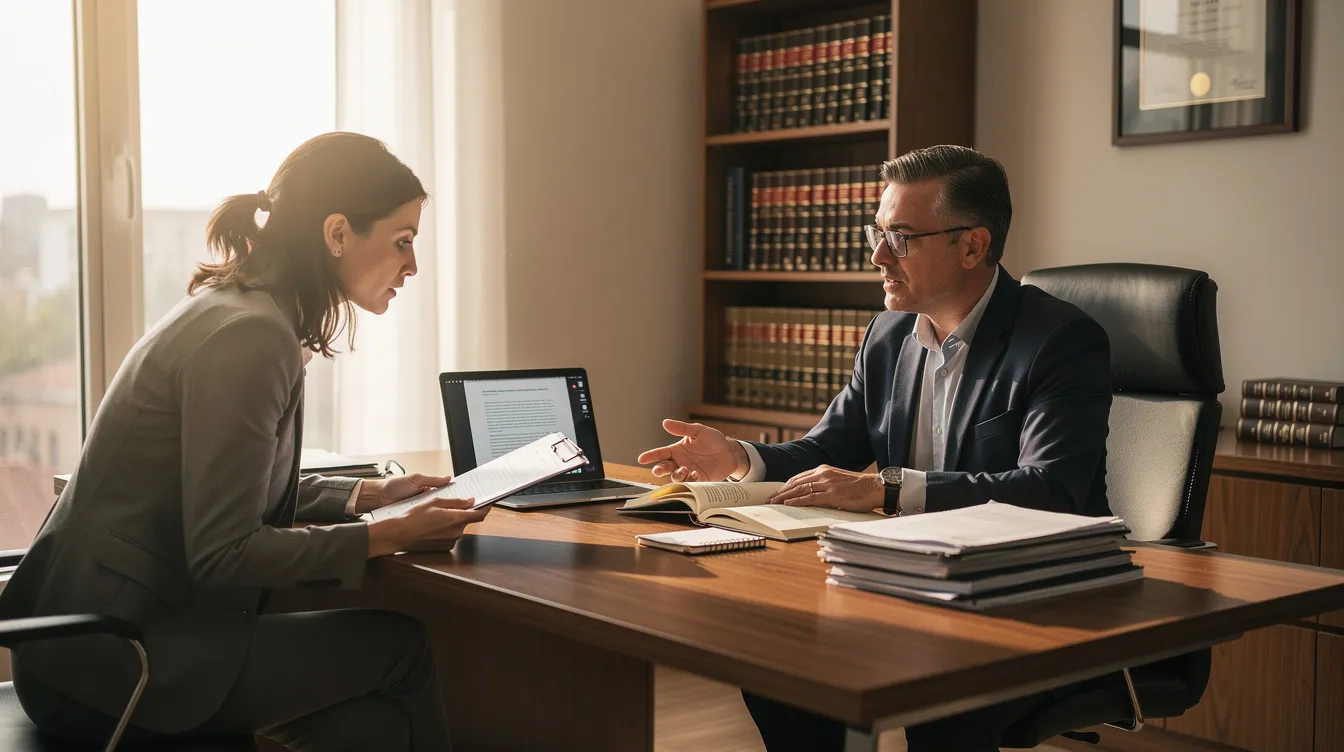 The image depicts a person consulting with an attorney in an office setting, discussing important aspects of a disability claim for social security disability insurance (SSDI) benefits. The atmosphere suggests a focus on navigating the application process and understanding medical records related to serious medical conditions.