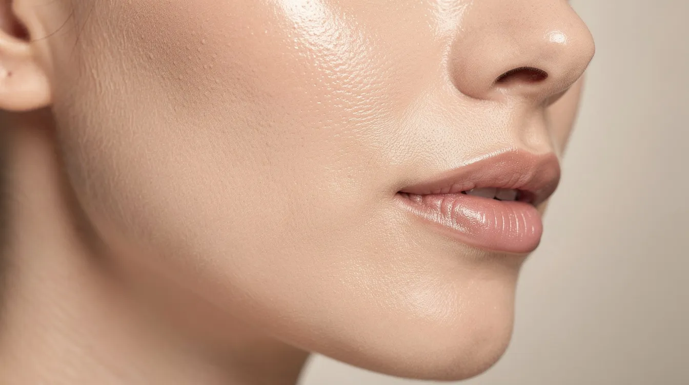 The image shows a close-up view of healthy facial skin after cosmetic skin rejuvenation, highlighting an even skin tone and smooth texture. The skin appears rejuvenated, with reduced imperfections and a youthful appearance, indicative of effective laser skin resurfacing treatment.