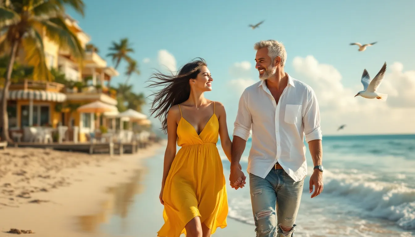 A mature couple walking hand in hand on a beach, symbolizing overcoming challenges in relationships.
