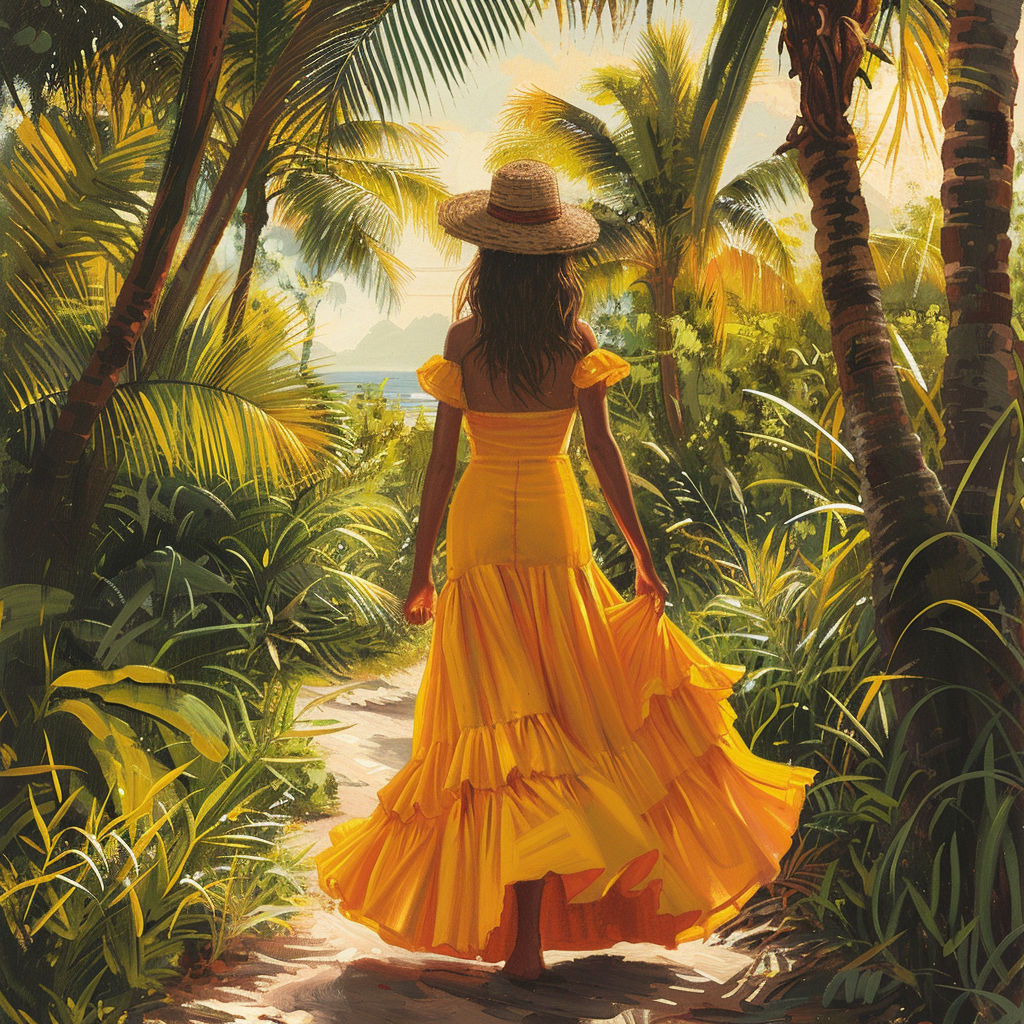 A painting depicting a woman surrounded by tropical leaves