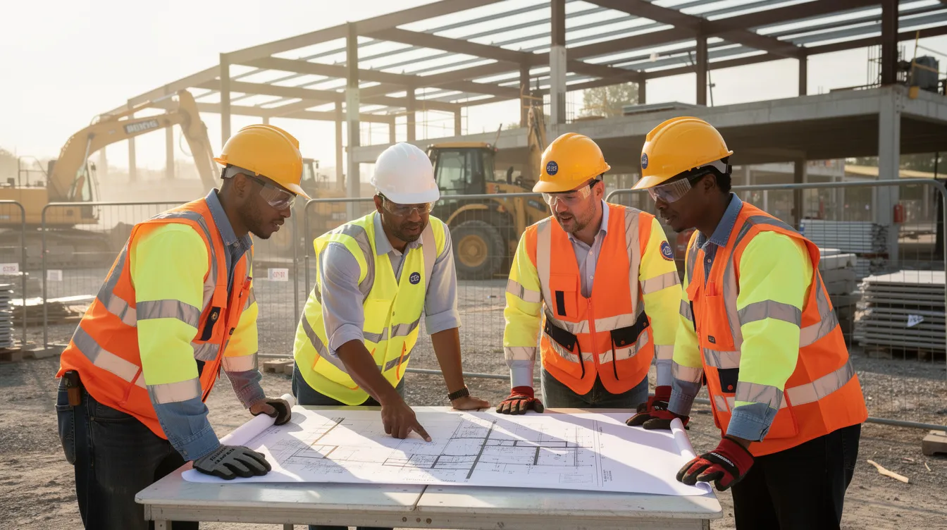 A group of construction workers wearing hard hats is gathered at an active job site, intently reviewing project plans to ensure compliance with prevailing wage requirements and minimize potential risks. Their collaboration is essential for the project's success and helps prevent costly delays and budget overruns.