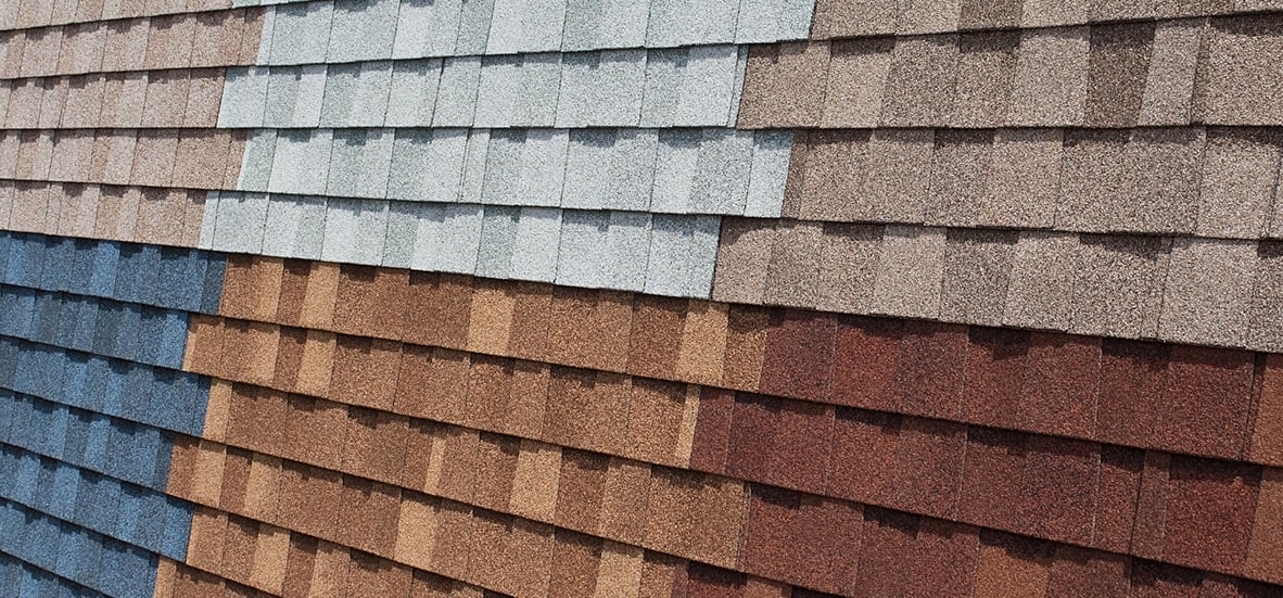 A picture of asphalt roof samples in six different colour options. 