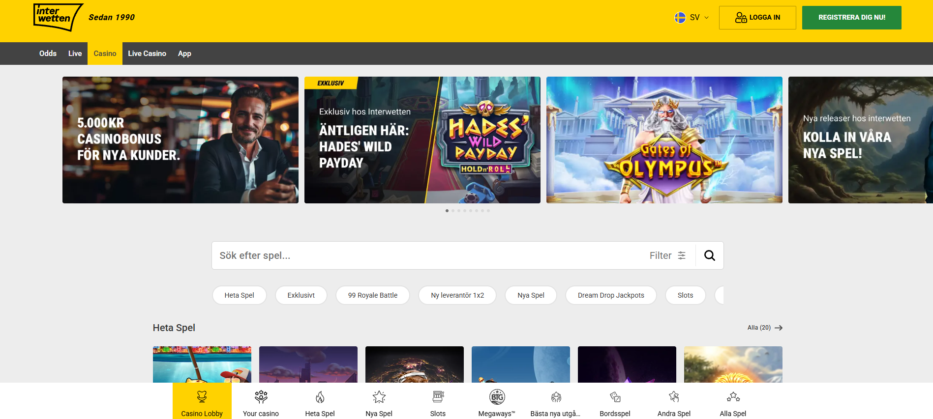 Interwetten Casinos startsida med spelkategorier, sökfunktion och casinospel.