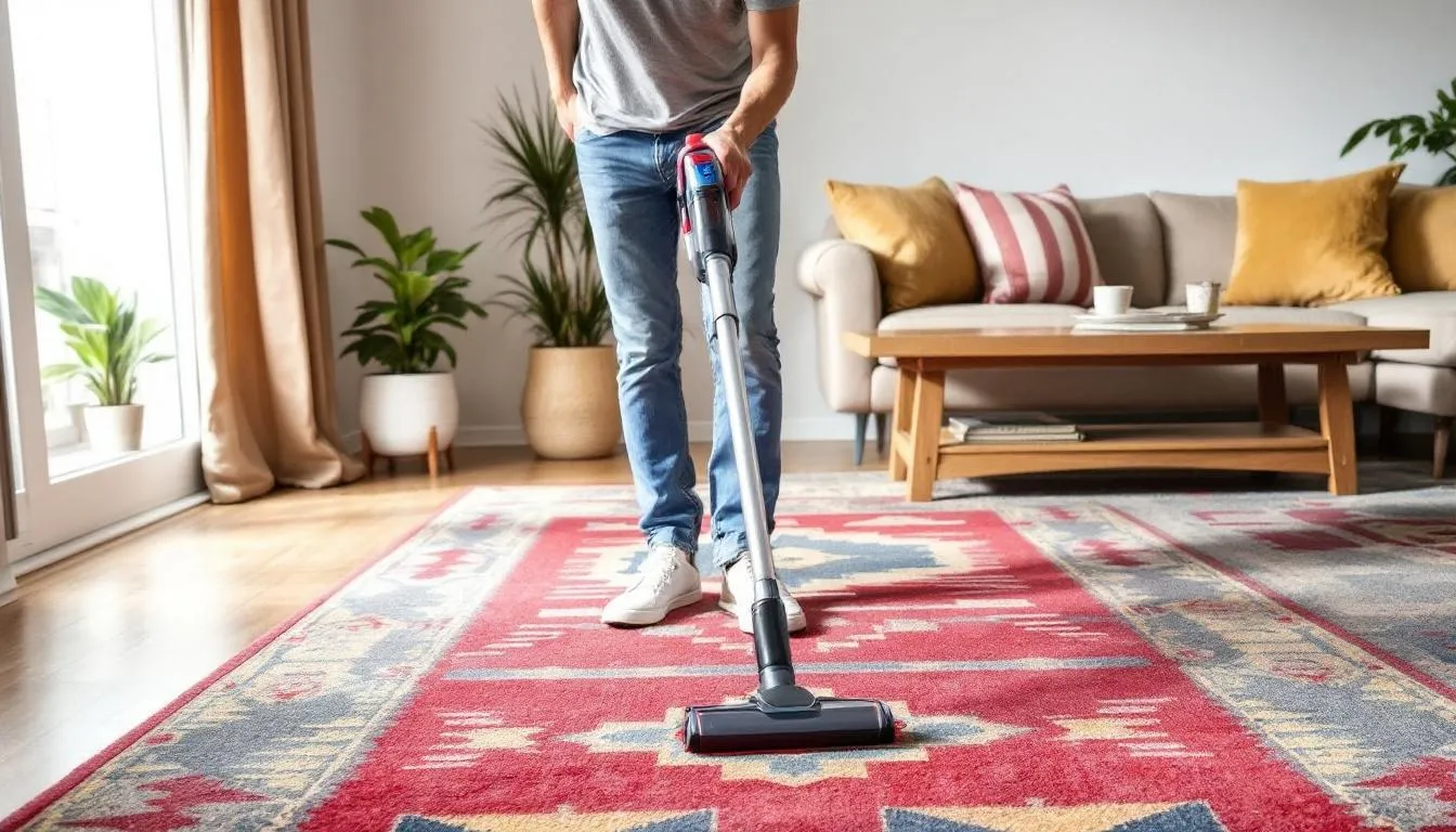 A person is vacuuming a colorful flatweave rug, ensuring it stays clean and free of dirt. The vibrant patterns of the rug contrast with the surrounding floor, highlighting its cozy texture and durable materials.