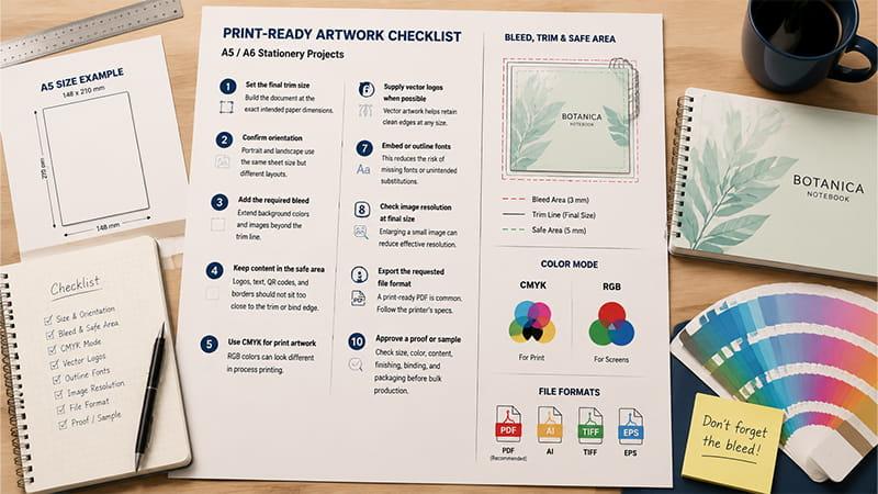 A5 and A6 stationery print-ready artwork checklist showing bleed, safe area, CMYK color mode, file formats, and proof approval