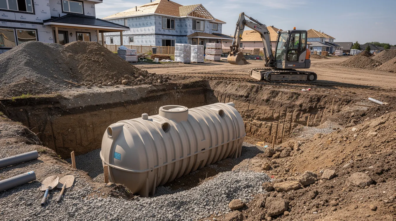 L'image montre un chantier résidentiel où une grande cuve en plastique, destinée à la récupération d'eau de pluie, est en cours d'enfouissement dans une excavation. Ce système est conçu pour collecter l'eau de pluie pour un usage domestique, comme l'arrosage du jardin ou l'alimentation des toilettes.