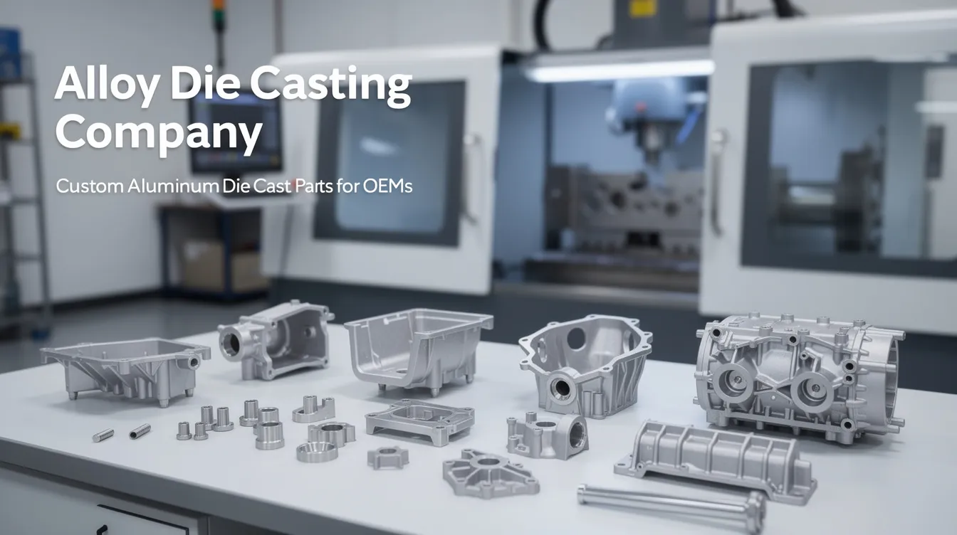 The image showcases a modern aluminum die casting facility, highlighting skilled engineers working on high-pressure die casting processes to produce precision aluminum parts. Various die castings are displayed, demonstrating complex geometries and thin walls, essential for industries like automotive and aerospace.