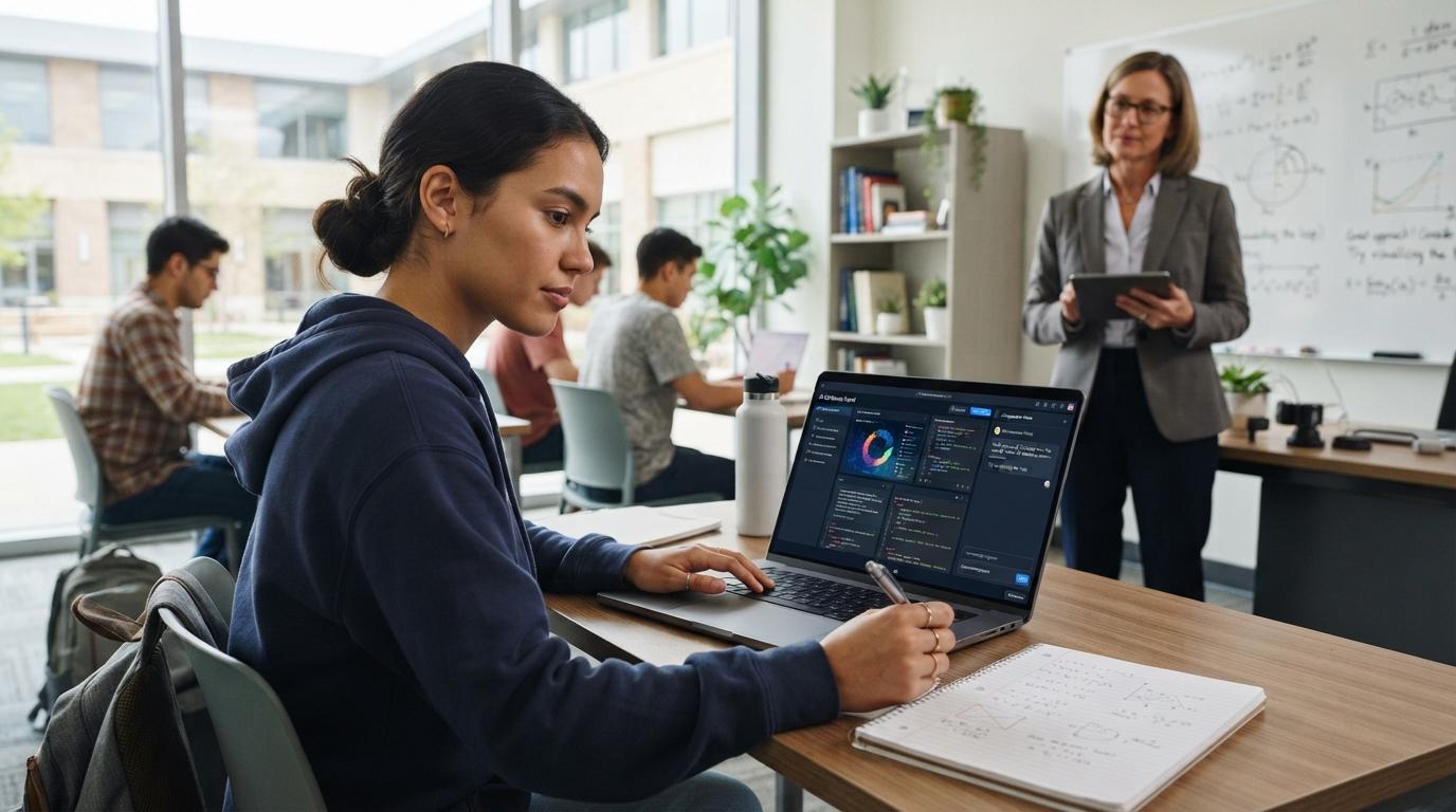 Photorealistic university student receiving guidance from an AI-powered learning platform on a laptop while thoughtfully solving an assignment, professor observing in the background.