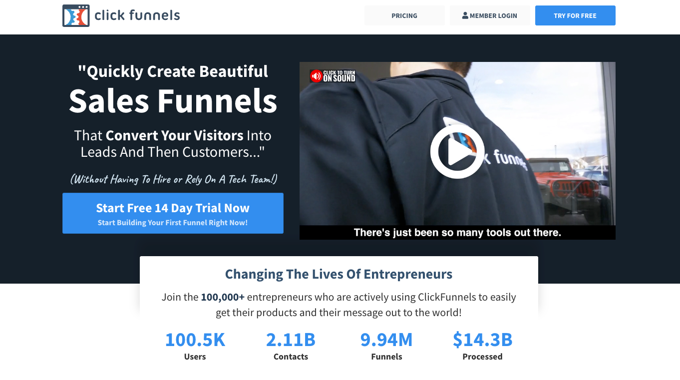 Page d'accueil de ClickFunnel