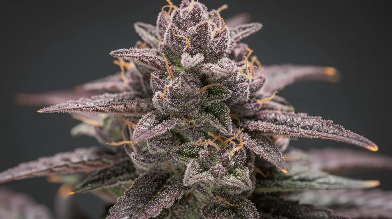 A close-up macro photograph showcases a sparkling cannabis flower covered in trichomes, featuring vibrant purple and green hues with visible orange hairs. This image represents the Skywalker OG strain, known for its potent effects and ideal use for pain relief and relaxation.