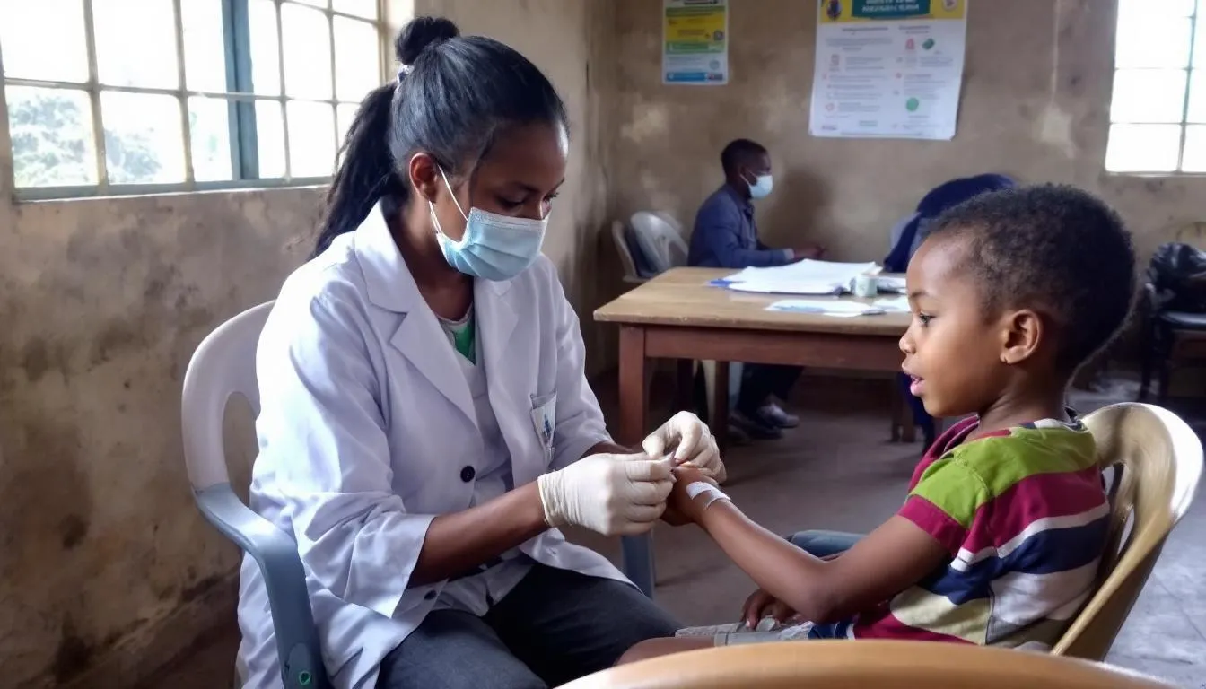 A healthcare worker is administering vaccines to children in a rural clinic setting, helping to protect them from various infectious diseases. The scene emphasizes the importance of vaccination in preventing severe illnesses caused by viruses and bacteria.