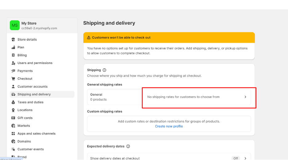 Shopify dashboard - Shipping and delivery settings - Adding new shipping zones