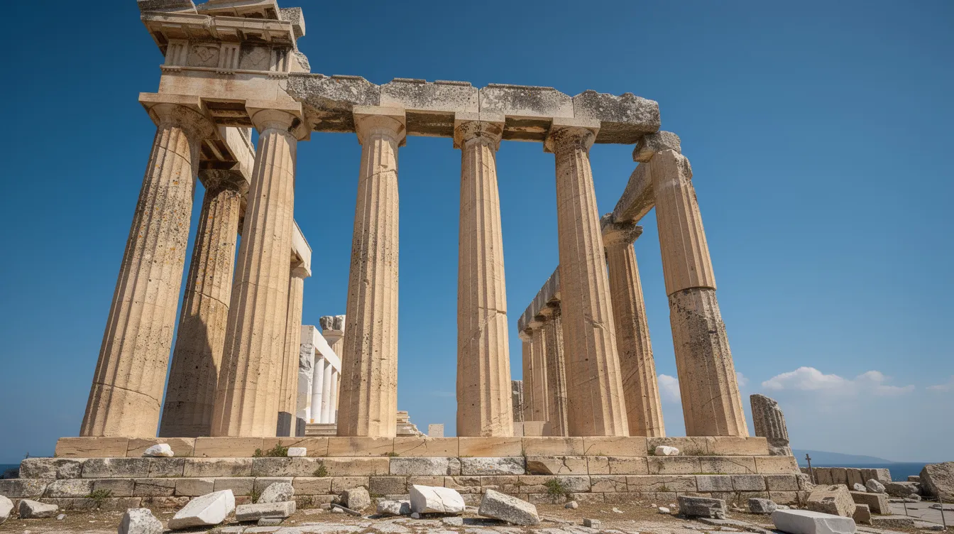 The image depicts the ancient stone columns of a Greek temple, reaching towards a clear blue sky, symbolizing the grandeur of ancient Greece and its rich religious practices centered around the Greek pantheon and Hellenic polytheism. This architectural marvel reflects the cultural and spiritual heritage of the ancient Greeks, who worshipped their deities through various rituals and beliefs.