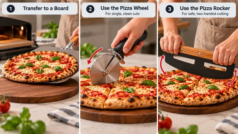 Transfer a pizza from the stone to a board, then demonstrate one controlled wheel cut and one protected two-handed rocker cut.