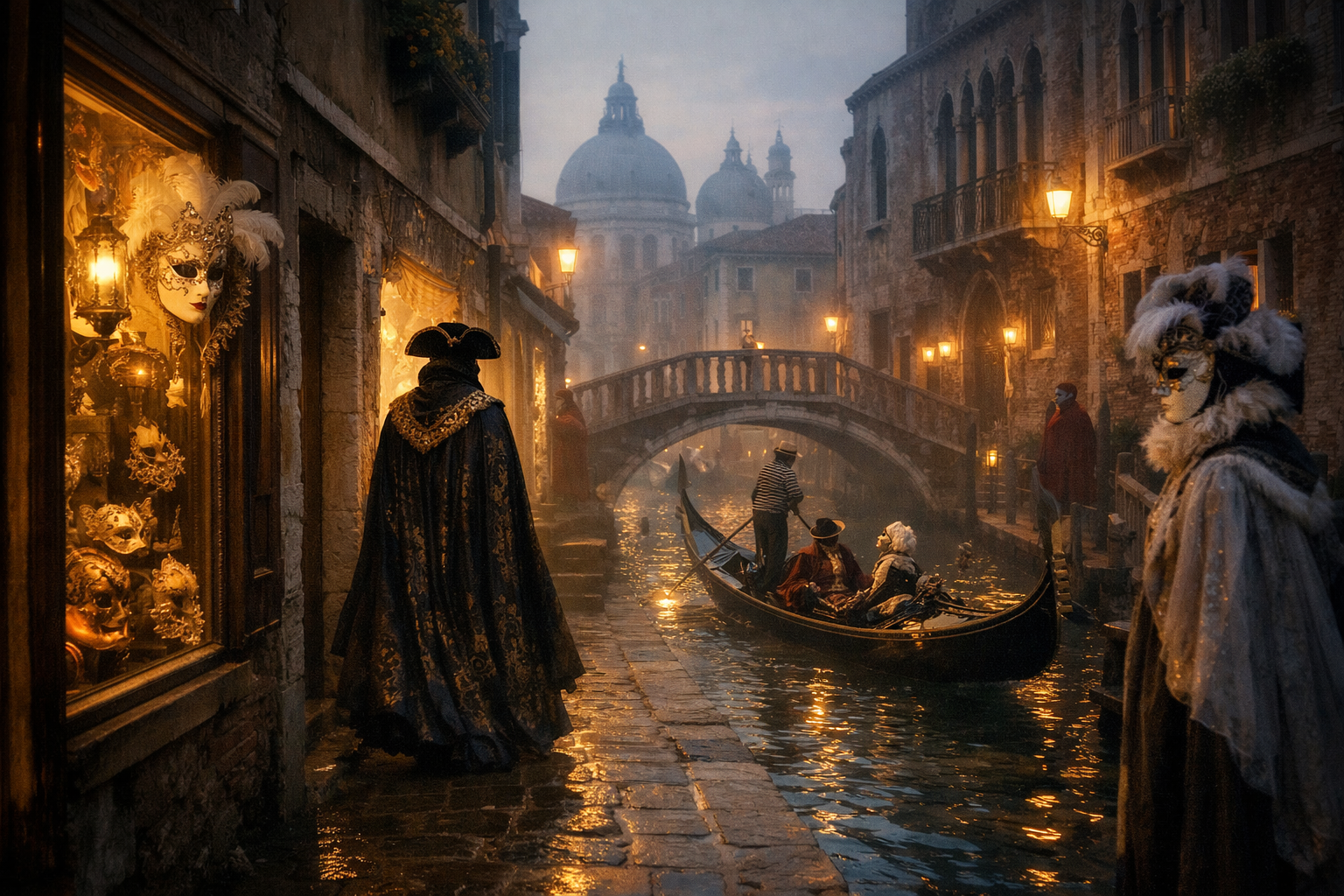 Twilight scene in Venice during Carnival with masked figures in elegant cloaks walking along a quiet canal, a gondola passing under a stone bridge, and warm lantern light reflecting on the water, creating a soft and dreamlike atmosphere.