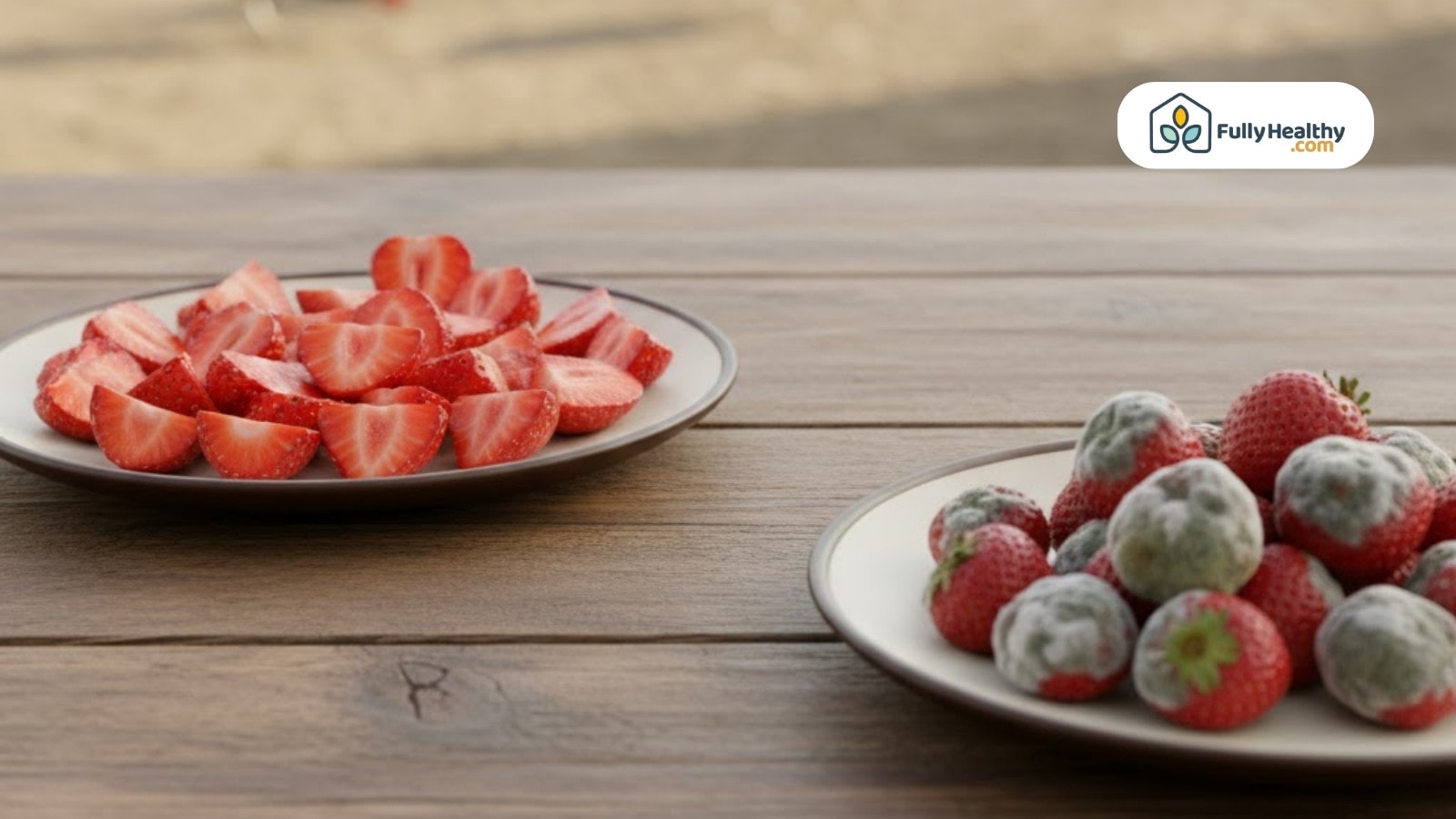 Fresh sliced strawberries beside moldy berries on wooden outdoor table