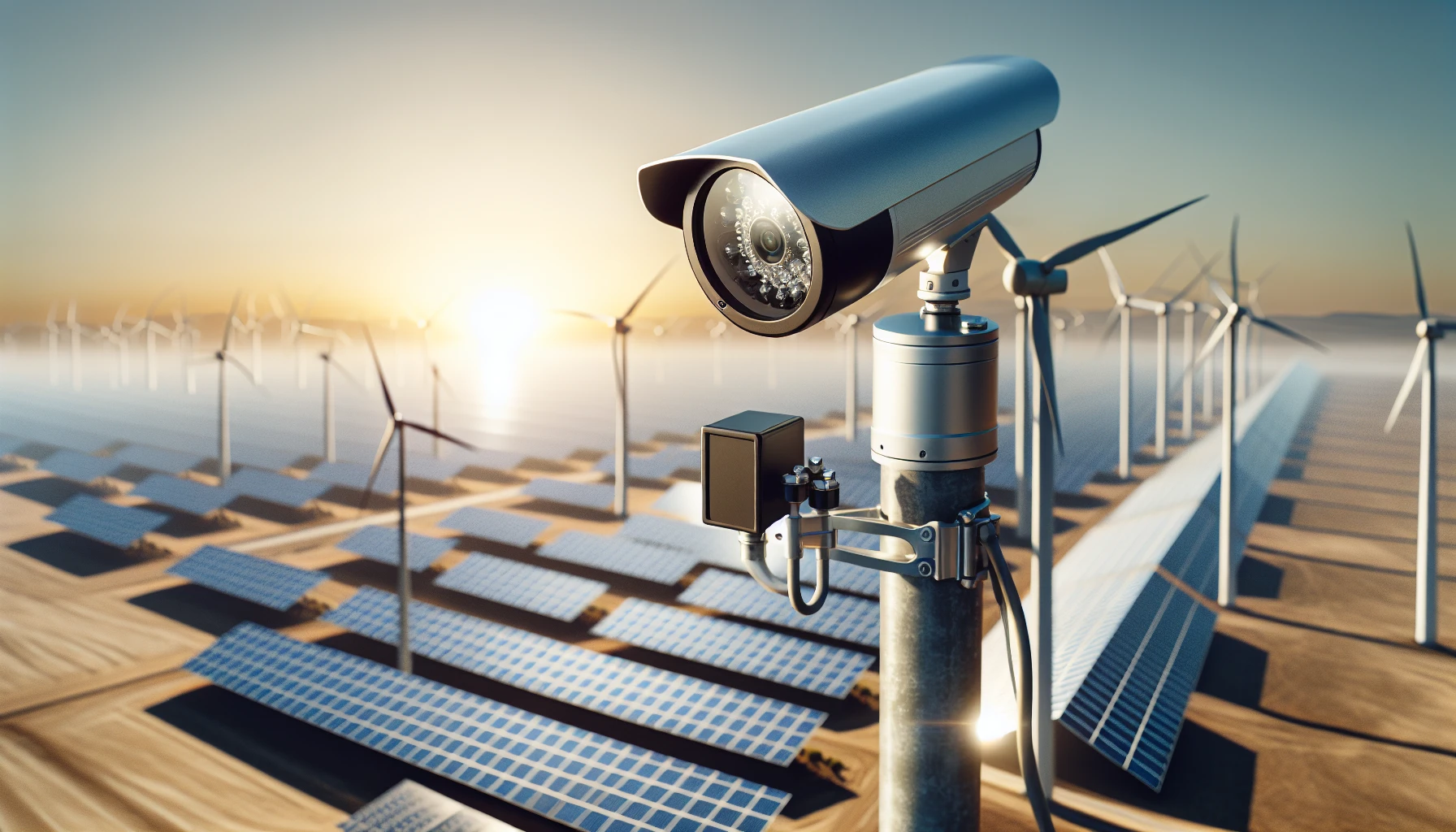 Solar-powered security camera overlooking a remote energy site