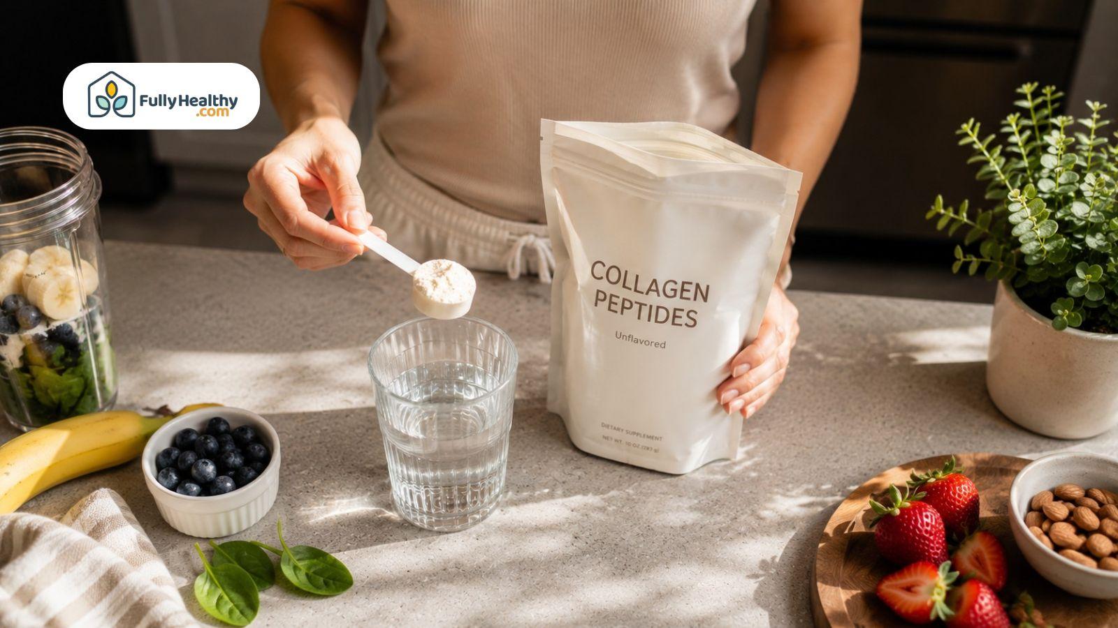 Resealable collagen peptides pouch with water and fresh fruit on countertop.