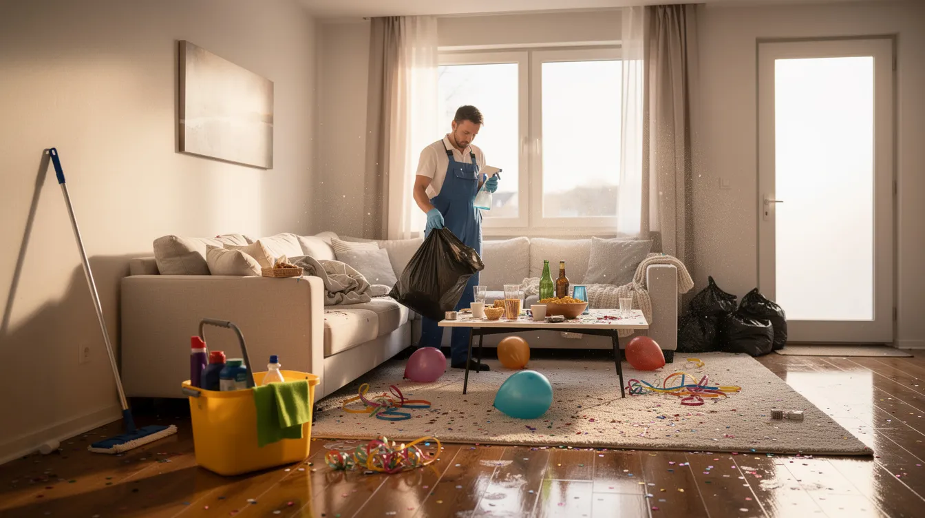 The image depicts a dedicated cleaning team efficiently managing the post-event clean up in a well-maintained event space, using the latest cleaning supplies and equipment to ensure a tidy environment. They focus on waste disposal and low impact cleaning practices to deliver a hassle-free experience for event organizers and guests alike.